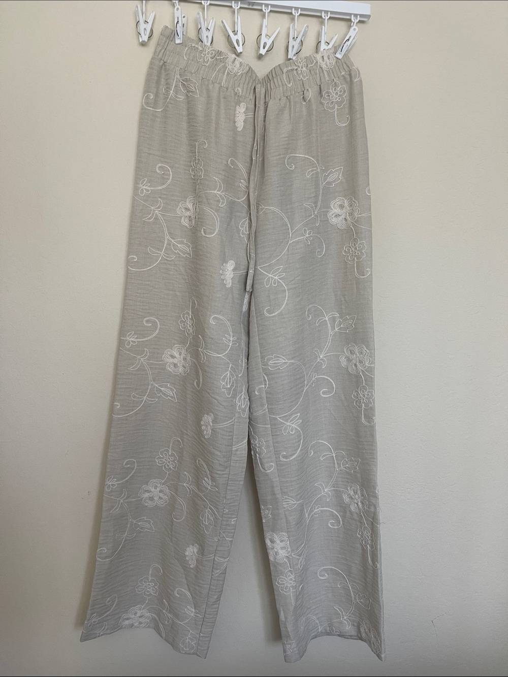 Wren Cream Embroidered Elastic Waist Pants